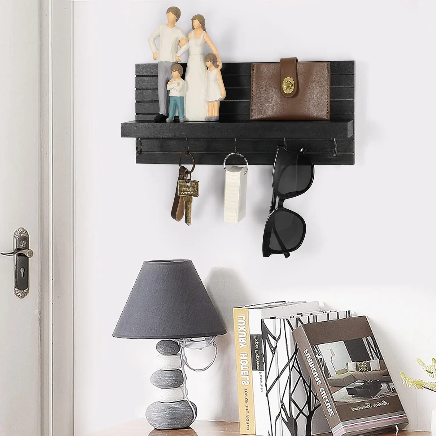 Decorative Key Holder for Wall with Shelf, Entryway Shelf with Hooks Holds Leashes, Jackets and Glasses – Sturdy Wood Key Holder 2