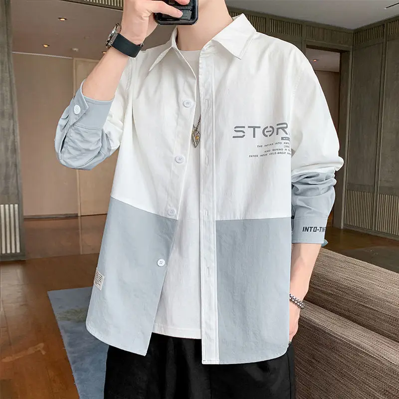 Fashion Printed Button Spliced Letter Shirts Men Clothing 2022 Autumn New Oversized Casual Tops Loose Korean Shirt