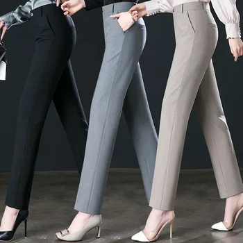 2025 Spring Fall Black Elegant Career Formal Suit Pants Women, Khaki Straight High Waist Loose Women's Work Trousers/cargo Pants 1