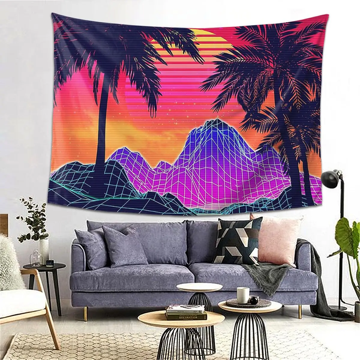 

80s Vaprwave Rocks And Palm Trees Design Tapestry Art Aesthetic Tapestries for Living Room Bedroom Decor Home Funny Wall Hanging