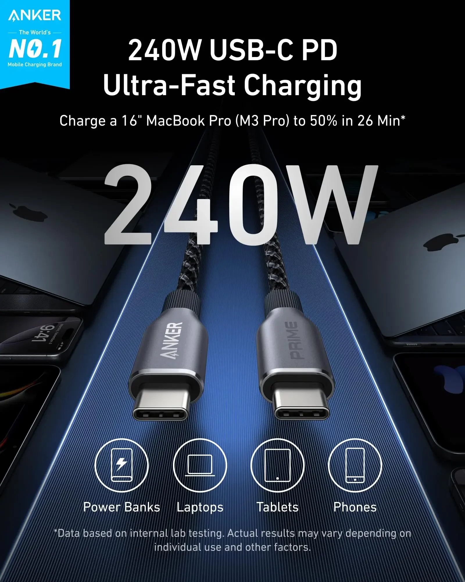 Anker Prime USB C-USB C 케이블, 240W 3피트 고속 충전 USB C 케이블, 100년 굽힘 내구성을 갖춘 재활용 편조 나일론