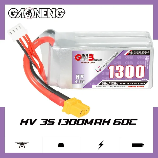 GAONENG GNB 3S 1300mAh 11.4V HV 60C/120C LiPo Battery XT60 - RC Helicopter/FPV Drone Spare Parts 2