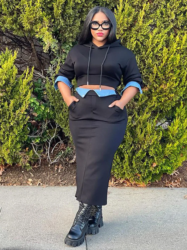 Wmstar Two Piece Set Women Hoodies Crop Top and Skirts Sets Sweatsuit Patchwork Matching Fall Clothes Wholesale Dropshipping