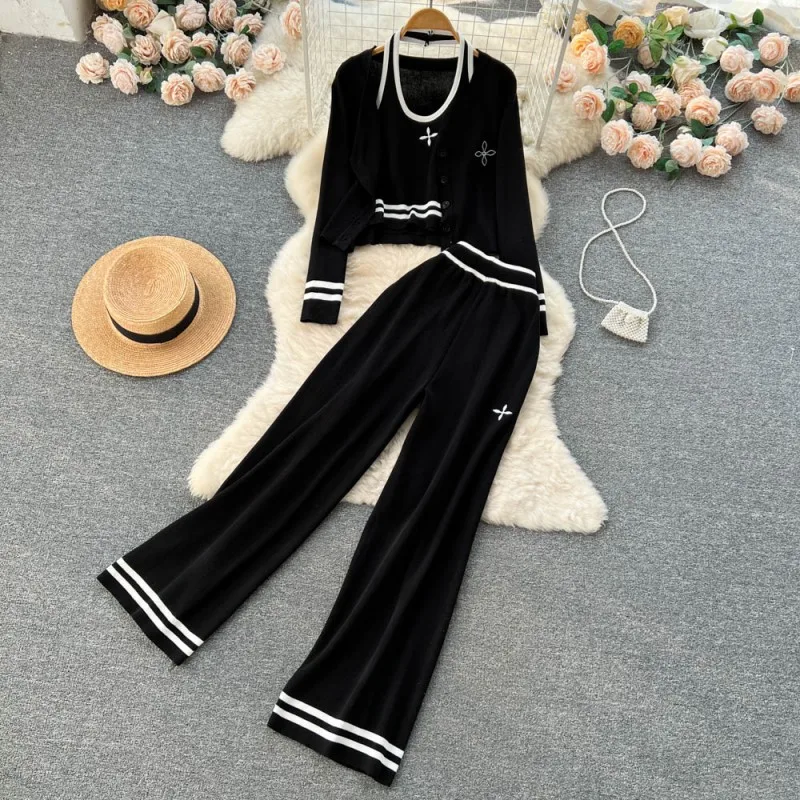 

Women's Clothing Knitted Cardigan Tracksuits + Halter Vest + Wide Leg Pants Ladies Embroidery Sweater Suit 3 Pieces Set