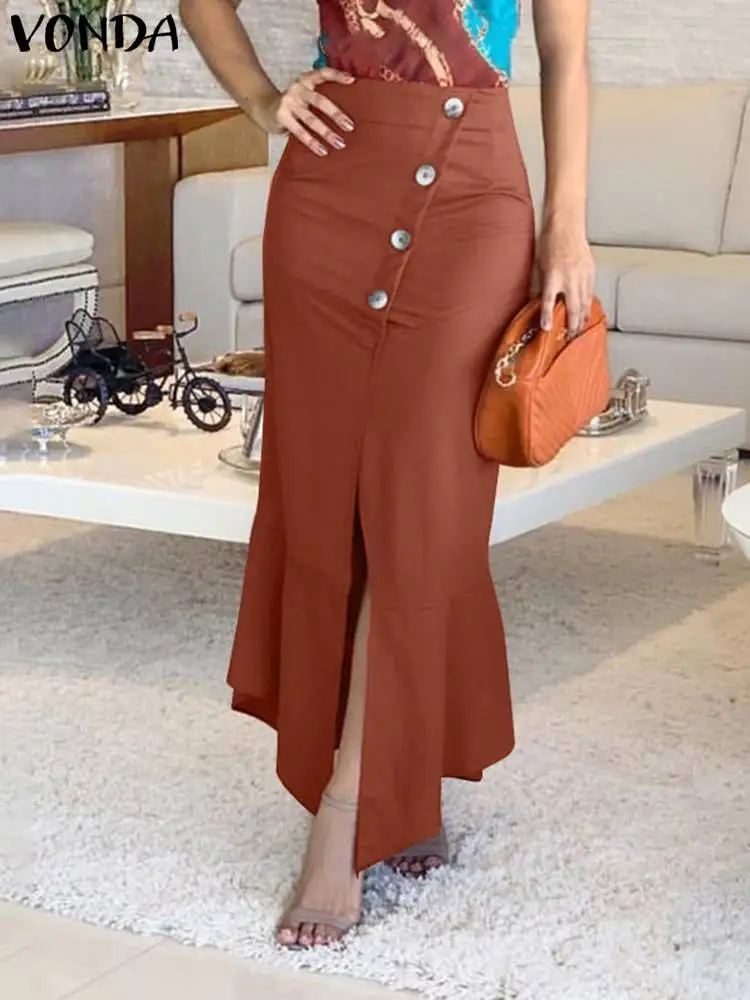 

VONDA Women Fishtail Skirts 2024 Summer Party High Waist Long Skirt Elegant Slit Ruffled Bottoms Casual Solid Color Midi Skirt