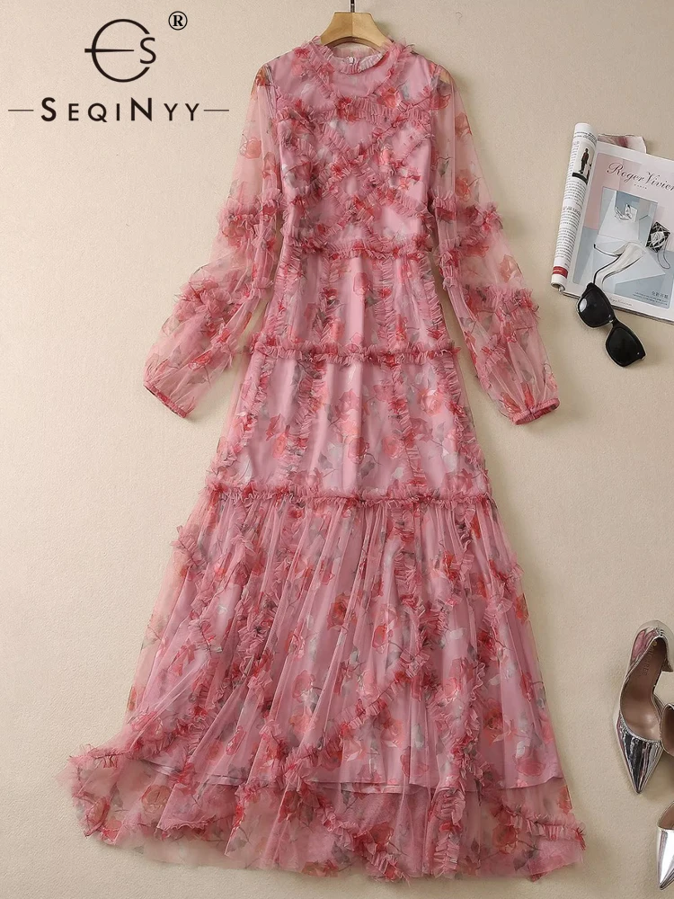 

SEQINYY Party Midi Dress Summer Spring New Fashion Design Women Runway High Street Vintage Pink Flowers Print Ruffles Elegant