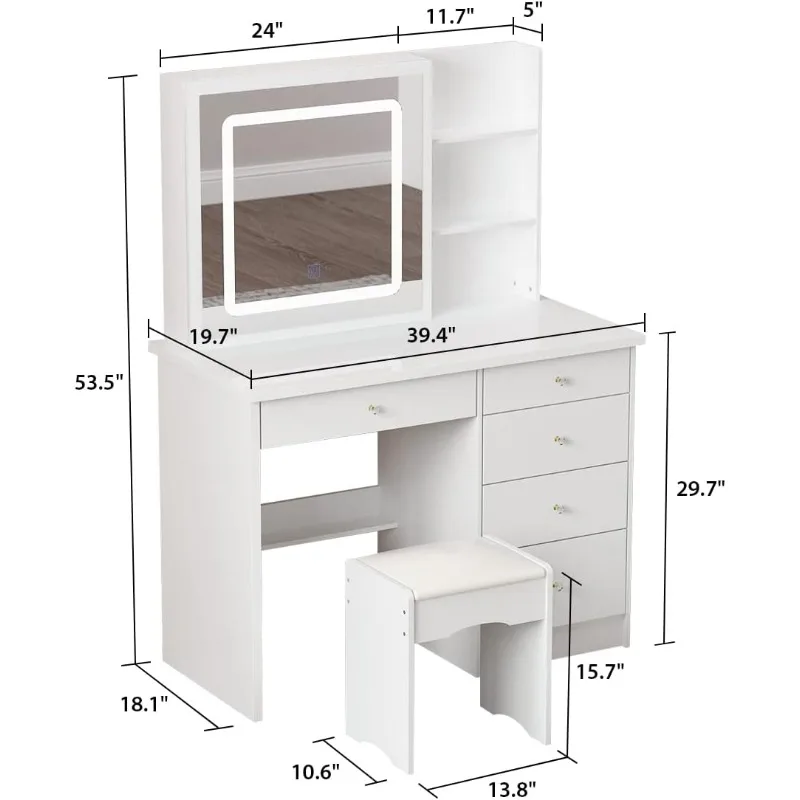  Homsee Vanity Desk Set Makeup Table with Large Sliding Lighted  Mirror, Dressing Table with 5 Drawers, Storage Shelves & Cushioned Stool  for Bedroom, White : Home & Kitchen