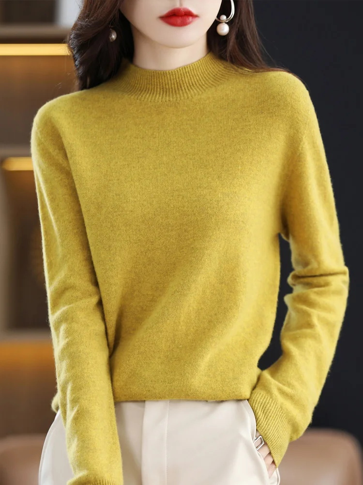 

Women Mock-neck Pullover Sweater Autumn Winter Basic Warm Casual 100% Merino Wool Knitwear Bottoming Shirt Female Clothing Tops