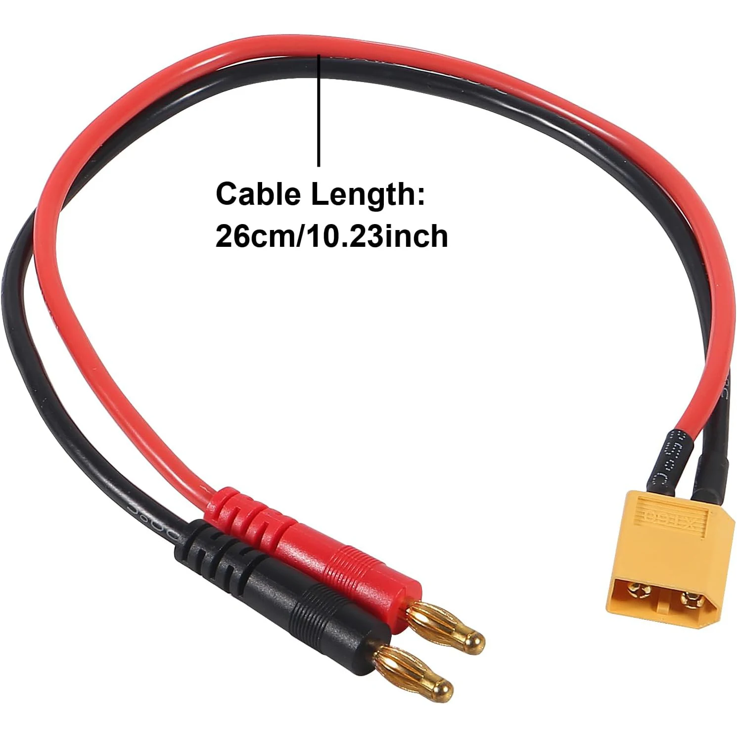 Vue d'ensemble du câble adaptateur XT60 vers fiches banane 4mm, longueur 30cm, pour chargeur de batterie RC.