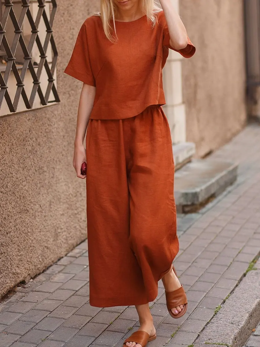 

Women's new clothes casual Europe and America plus size suit loose solid color shirt trousers two-piece suit Cotton Linen