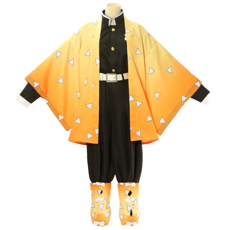 Anime Agatsuma Zenitsu Cosplay Costume Kimono Halloween Clothes Party Uniform Wig Women Kids Party Clothe