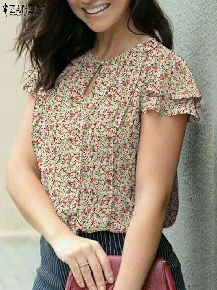 

ZANZEA Bohemian Casual Holdiay Blouse Woman Flare Sleeve O-Neck Tops Summer Female Fashion Blusas Floral Printed OL Work Shirt