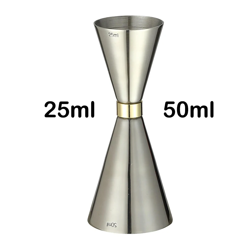 Assorted stainless steel cocktail jiggers for precise drink measurement in different sizes and finishes