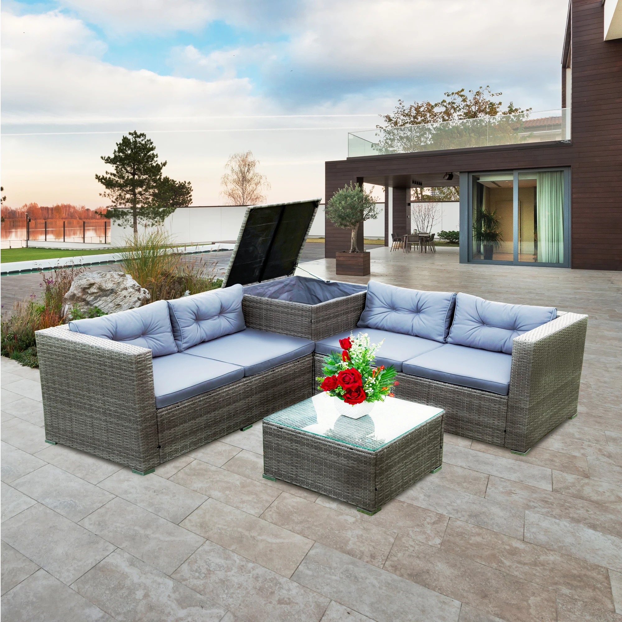 Patio Furniture Set 4 Piece Patio Sectional Wicker Rattan Outdoor Furniture Sofa Set with Storage Box
