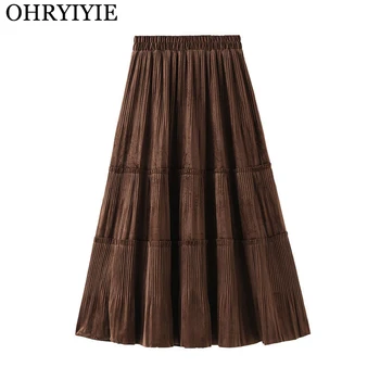 OHRYIYIE tinta unita Vintage lungo velluto gonna A pieghe donna 2024 nuovo autunno inverno moda signora vita alta una linea gonna femminile 1