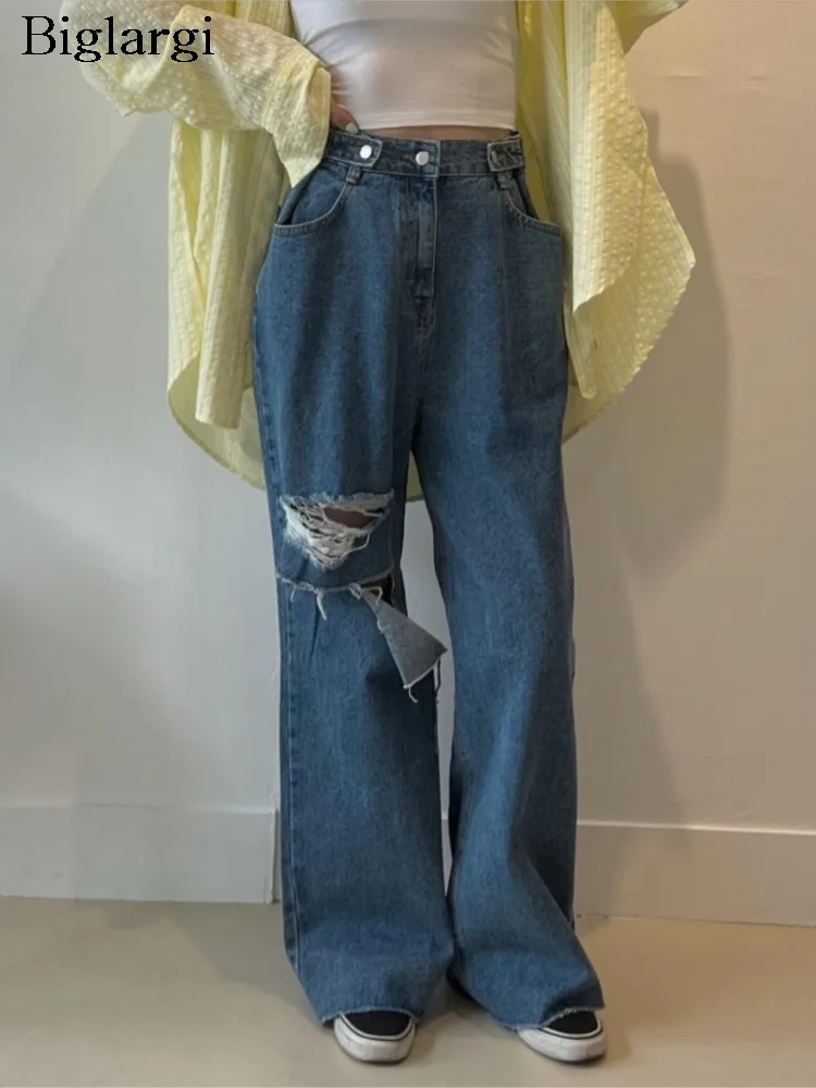 

Spring Summer Jeans Long Straight Pant Women Hole Irregular Fashion Retro Ladies Trousers Korean Style Loose Pleated Woman Pants