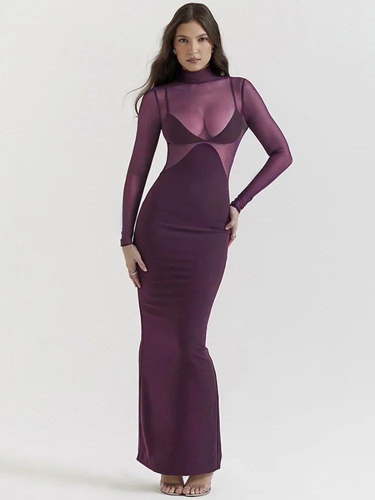 

Women Sexy See Through Patchwork Maxi Dress Fashion Half High Collar Long Sleeve Bodycon Dresses 2024 Female Solid Party Robes