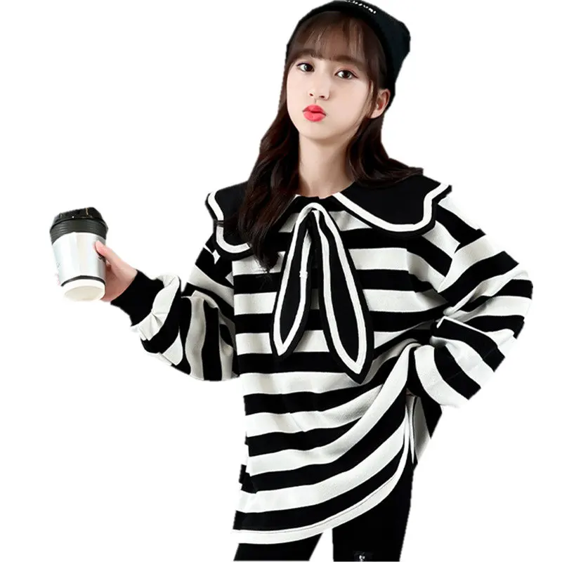

Children Sweatshirt Korean Style Spring Big Kids Striped Print Tops Long Sleeve T Shirt Teenager Girls Pullover Clothes 5-14Yrs