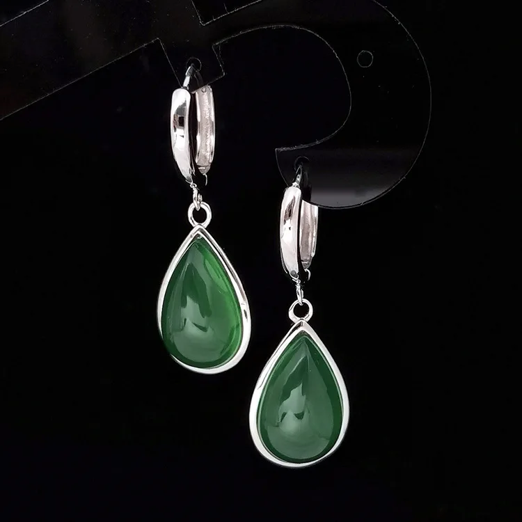 100% 925 Sterling Silver retro Feng Shui drop shaped green jade earrings