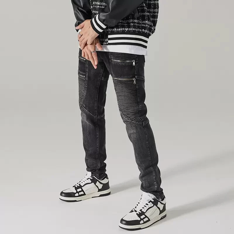 Street Fashion Men Jeans Retro Black Gray Stretch Slim Fit Patched Spliced Biker Jeans Men Zipper Designer Hip Hop Pants Hombre