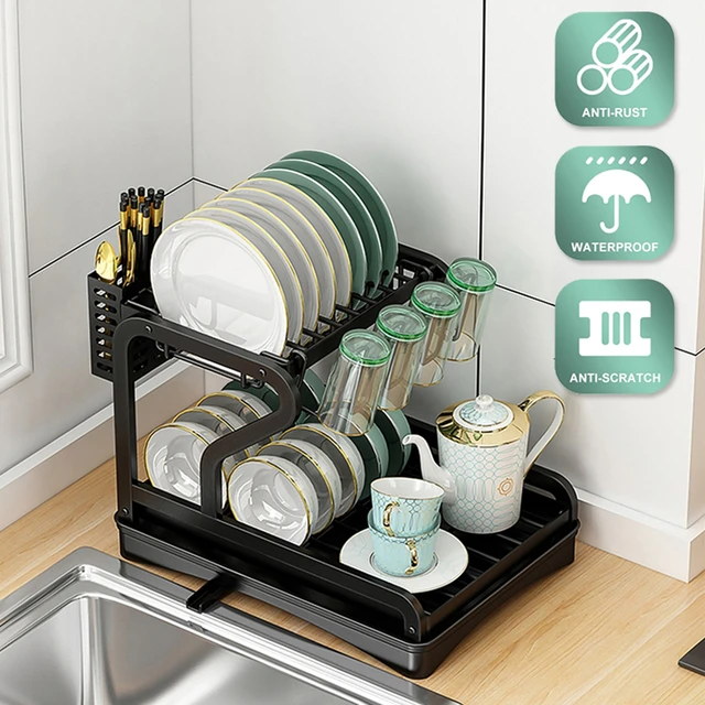 2 Layer Kitchen Counter Dishes Drain Rack with Auto Drain Board