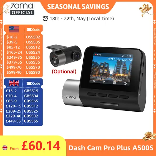 70mai Dash Cam Pro Plus A500S 1944P ADAS GPS Camera 70mai Front Cam A500S 140FOV Car DVR 24H Parking Support Rear Interior Cam