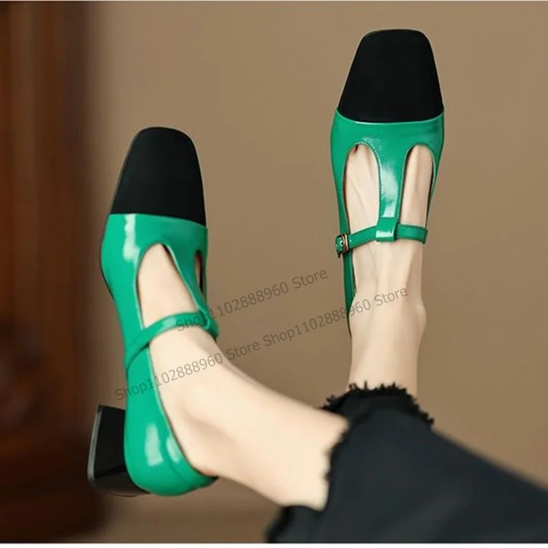 

T-Strap Mixed Color Matte Leather Patchwork Pumps Thick Heel Women Shoes Square Toe 2023 Fashionable Zapatos Para Mujere