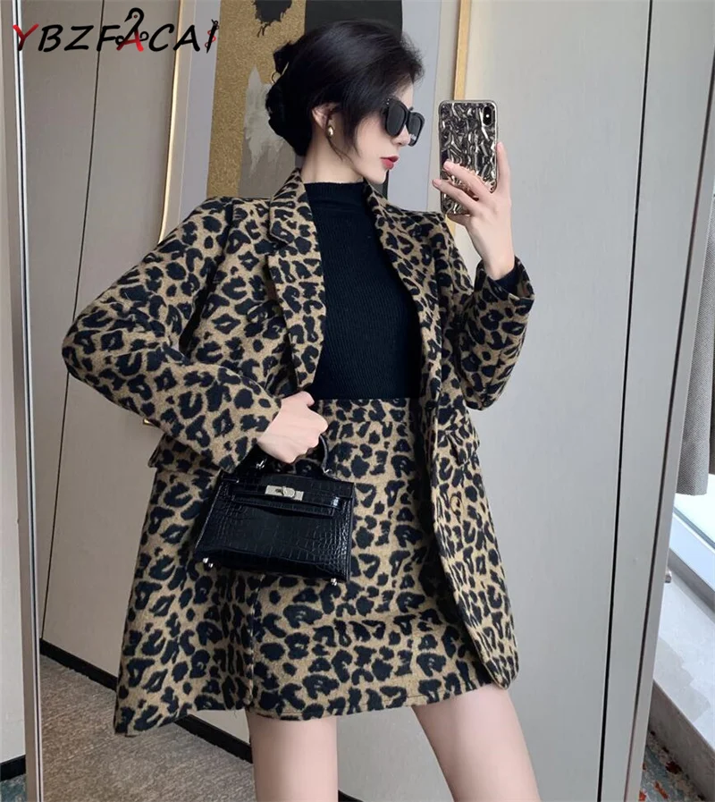 

Женский офисный костюм из двух предметов, двубортный шерстяной костюм с леопардовым принтом и мини-юбка в Корейском стиле