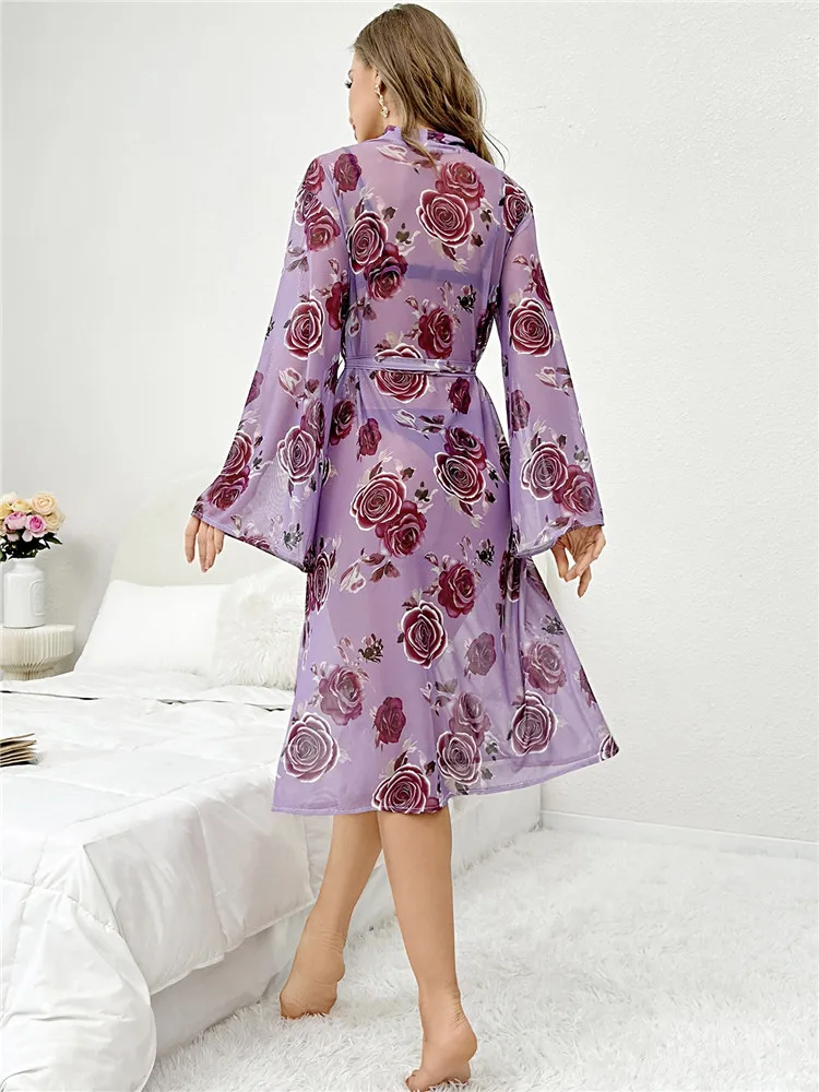 Summer Autumn Women's Bathrobe Print Belted Bridesmaid Robe Open Side Long Night Gown Mesh Nightie women sleepwear bride robes cotton bathrobe