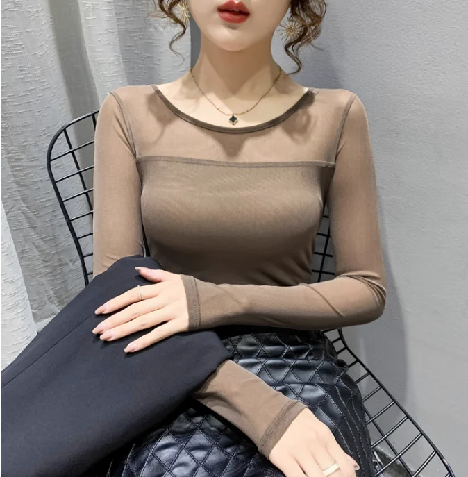 Autumn Winter Round Neck T shirt Women Sexy Mesh Bottoming Shirt Long Sleeve Solid Color Slim Fit Long Sleeve Casual Tops 5
