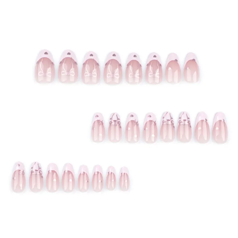 24Pcs/Set False Nail French Pink Bow Heart Fake Nail Tips Full Cover Acrylic False Nails  Decoration For Nail Tip