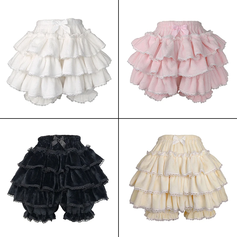 Japanese Kawaii Ruffles Lantern Shorts Harajuku Y2k Sweet Pink Black Pumpkin Pants Lolita Party Autumn Winter Plush JK Shorts