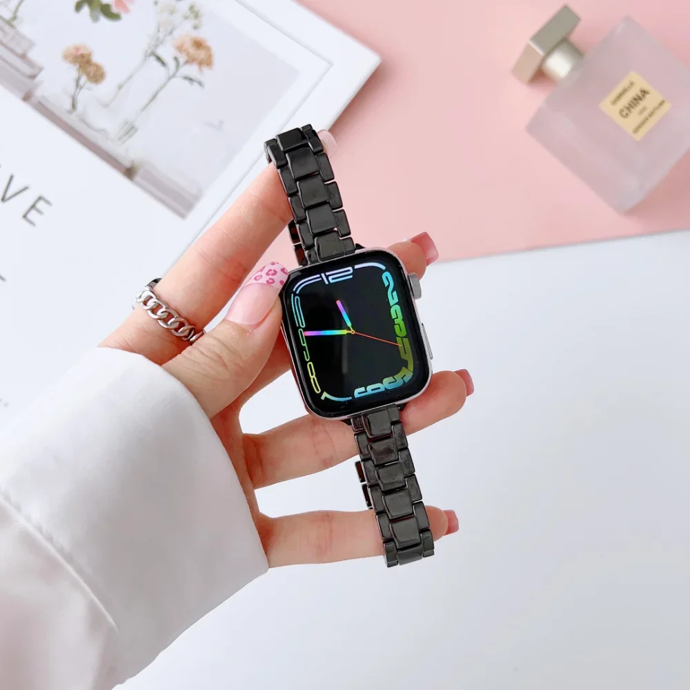 Slim Metal+Ceramic Strap For Apple Watch Band 49mm 44mm 40mm 45mm 41mm 42mm Stainless Steel Bracelet iWatch Ultra 8 7 6 5 4 3 SE
