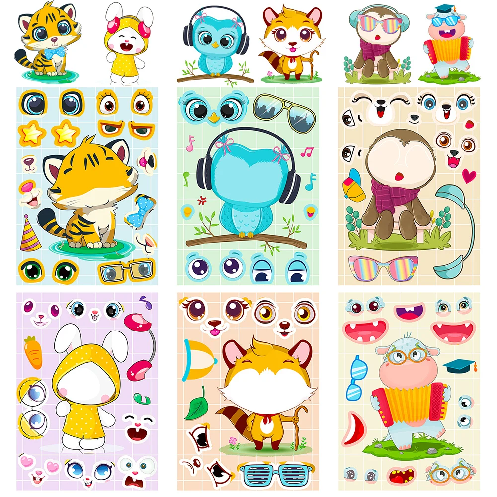 6/12Sheets DIY Animals Puzzle Make a Face Stickers Cute Tiger Rabbit Children Funny Game Kids Jigsaw Educational Toy Party Favor