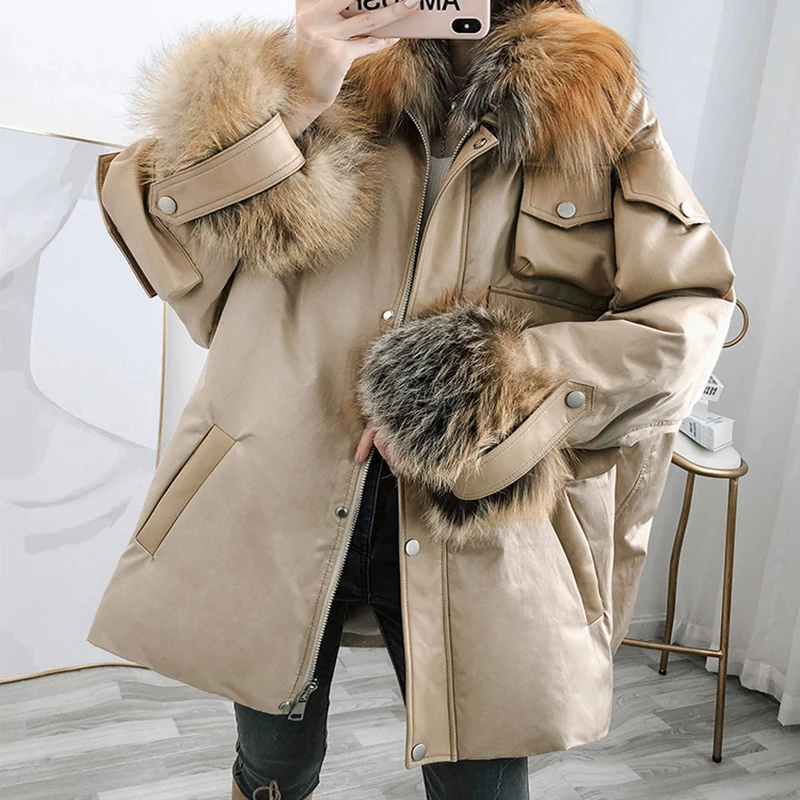 

High Quality Fur Down Jacket Women's Winter Fox Fur Cuff Warm Parka Large Size White Duck Down Coat Female Outwear