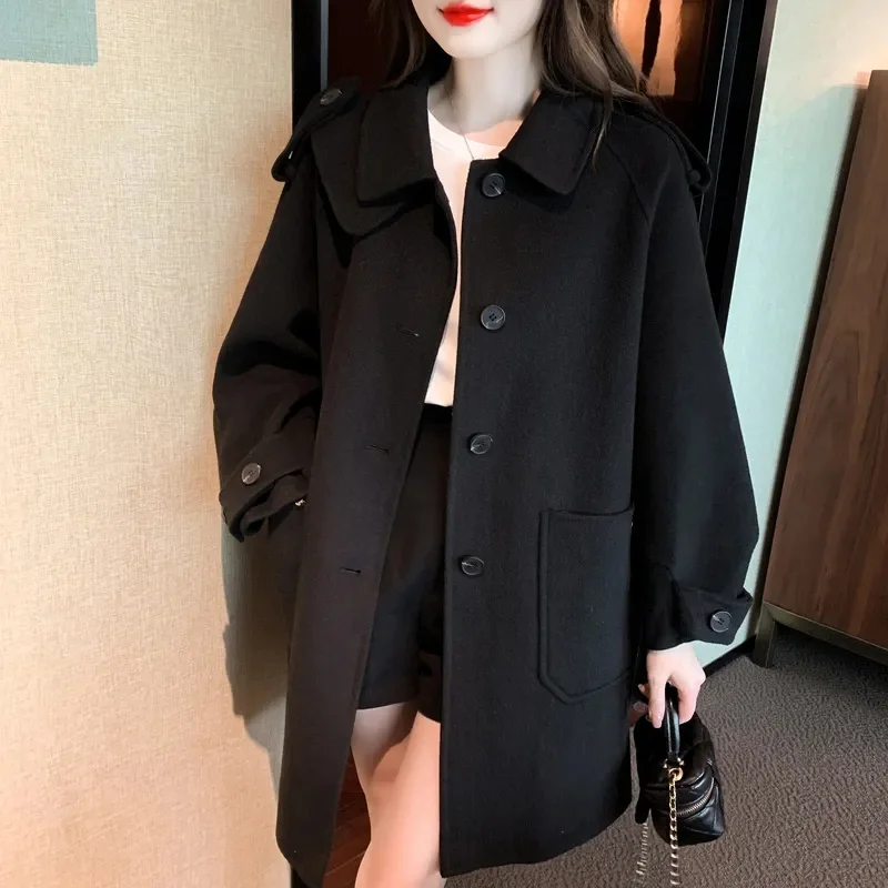 2023 Spring Korean Version Single Breasted Loose Fat mm Loose Thin Wool Coat Coat to Reduce age Female Coat Solid Color Commute