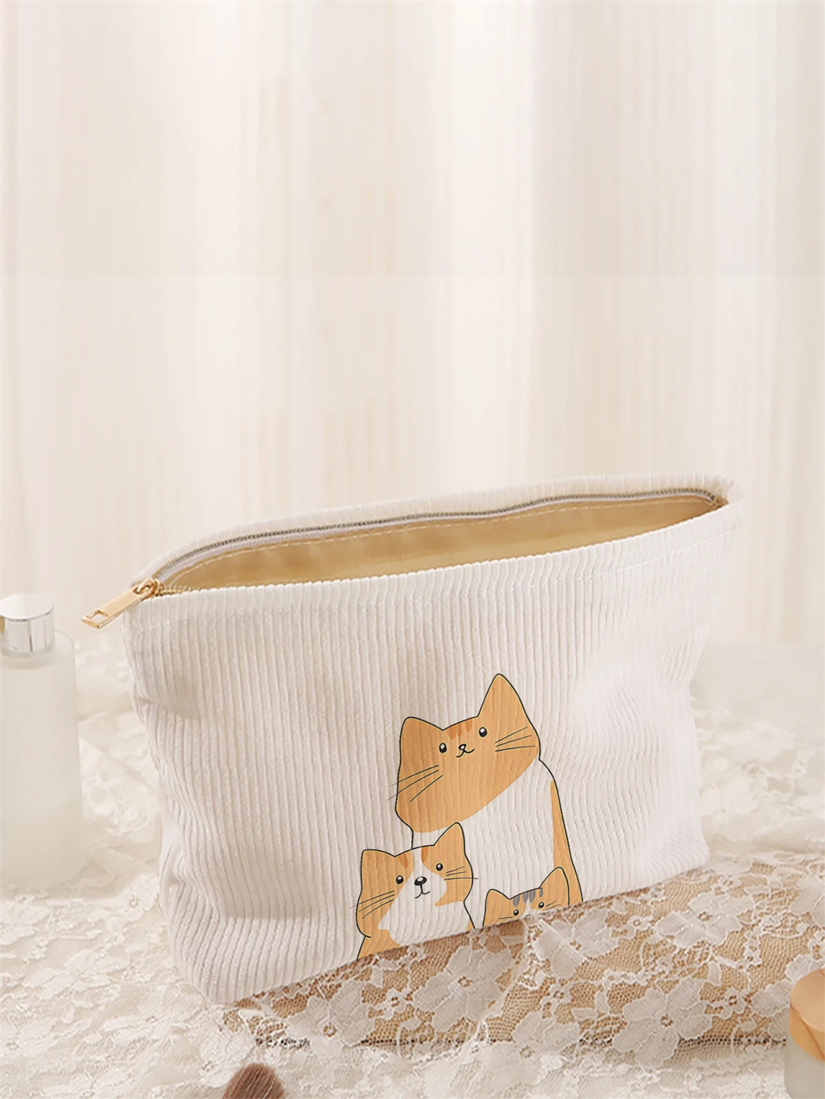 Cat pattern printed corduroy makeup bag, lightweight zipper makeup storage box, multifunctional bag with lining