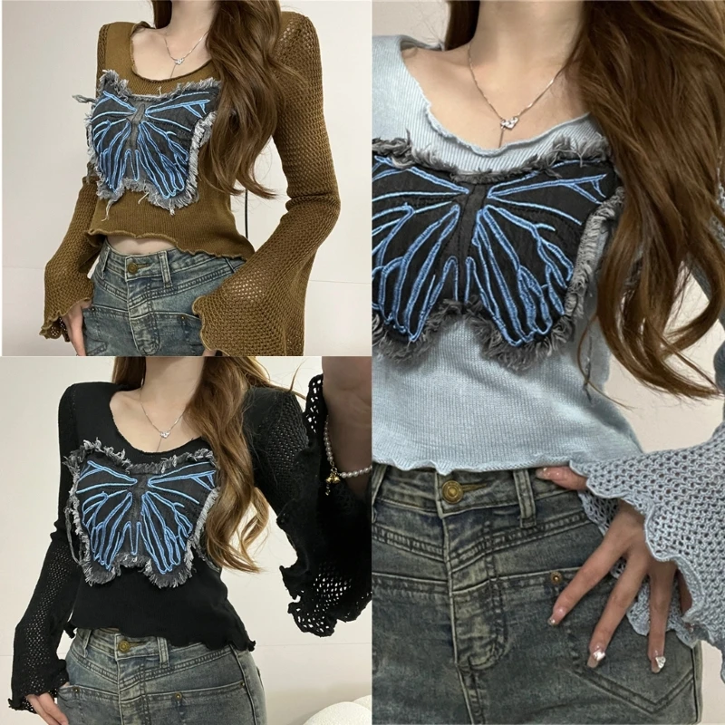 

Womens Elegant Butterfly Shirt Tops Flared Long Sleeve Knit Sweaters Streetwear