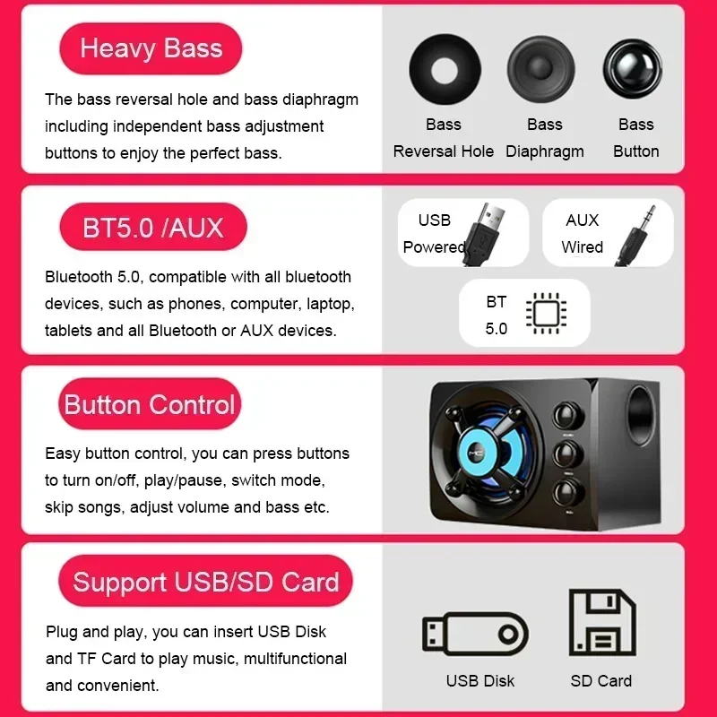 Wireless Bluetooth Audio Home HIFI 3D Stereo Speakers Theater Surround Sound Bar TV Colorful LED Heavy Light AUX USB Wired 6
