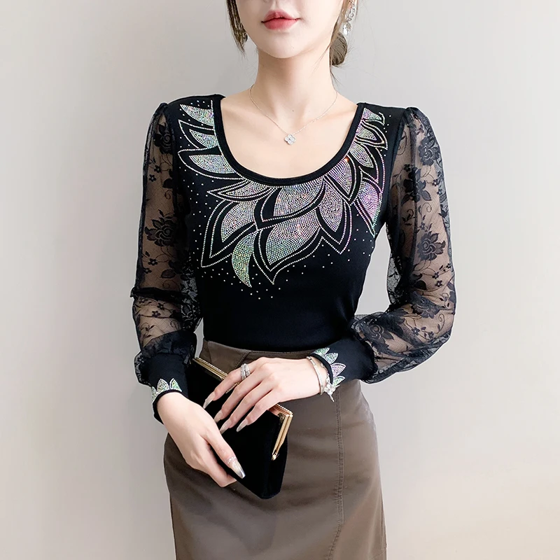 ربيع الخريف المرأة بلوزة موضة كورية جديدة قميص الماس الساخن سليم كم طويل المرقعة بلوزات من الدانتيل