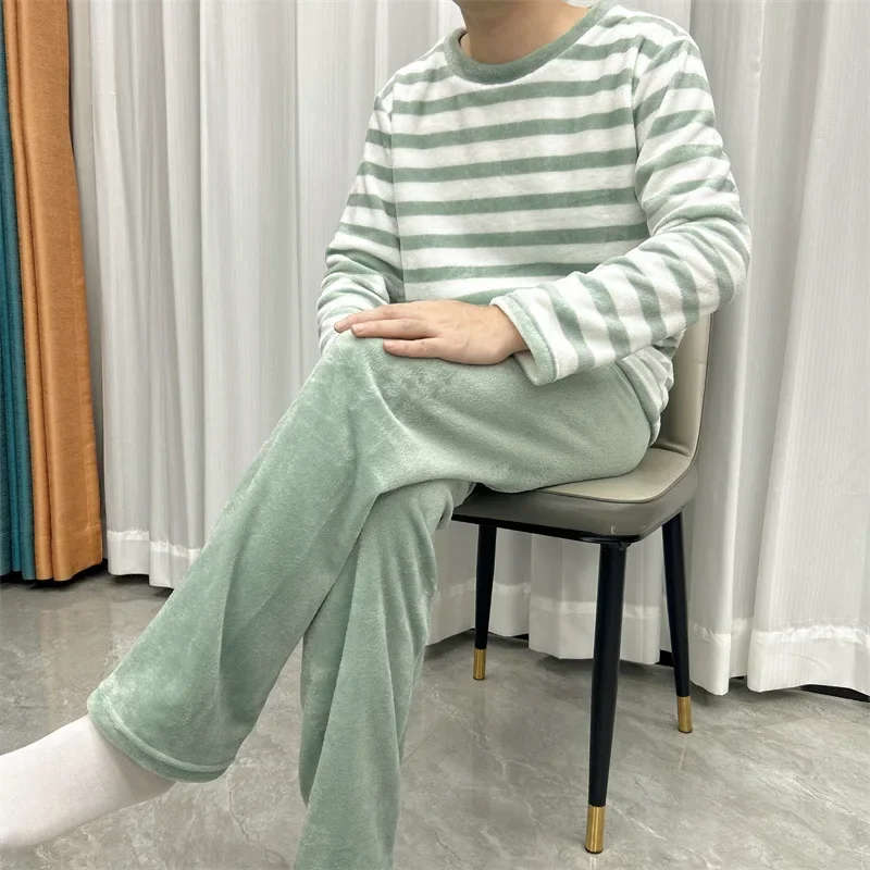 Large Size Winter Pajamas Set Men Warm Soft Flannel Striped Nightwear Long Sleeves 2 Pieces Set Home Clothes Korean Sleepwear
