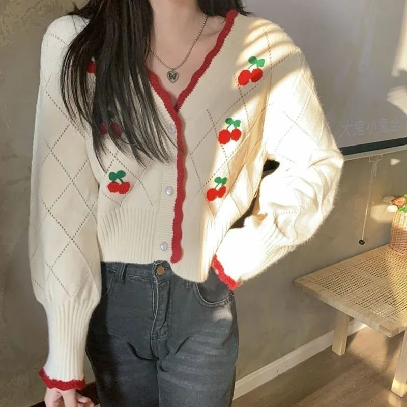 

Biyaby Autumn Sweet Cherry Knit Cardigans Women 2023 Button Up V Neck Sweaters Woman High Street Patchwork Cardigan Mujer Ins