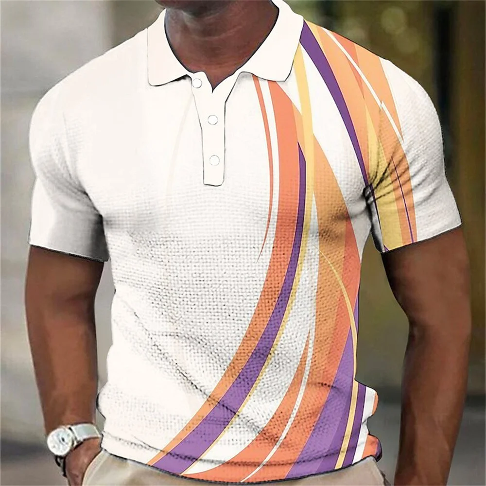 

Fashion Men Polo Shirt Color Line Printing Daily Casual Short Sleeved Street Cool Tops Tees Men Clothing Loose Oversized T-Shirt