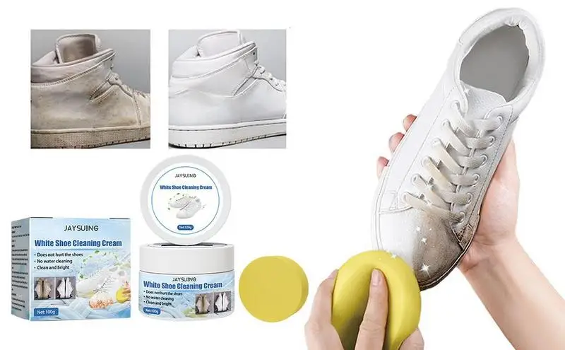 

100g White Shoe Cleaning Cream Stains Remover Shoes Whitening All Purpose Cleansing Cream With Wipe Sponge Clothes Sneaker Past