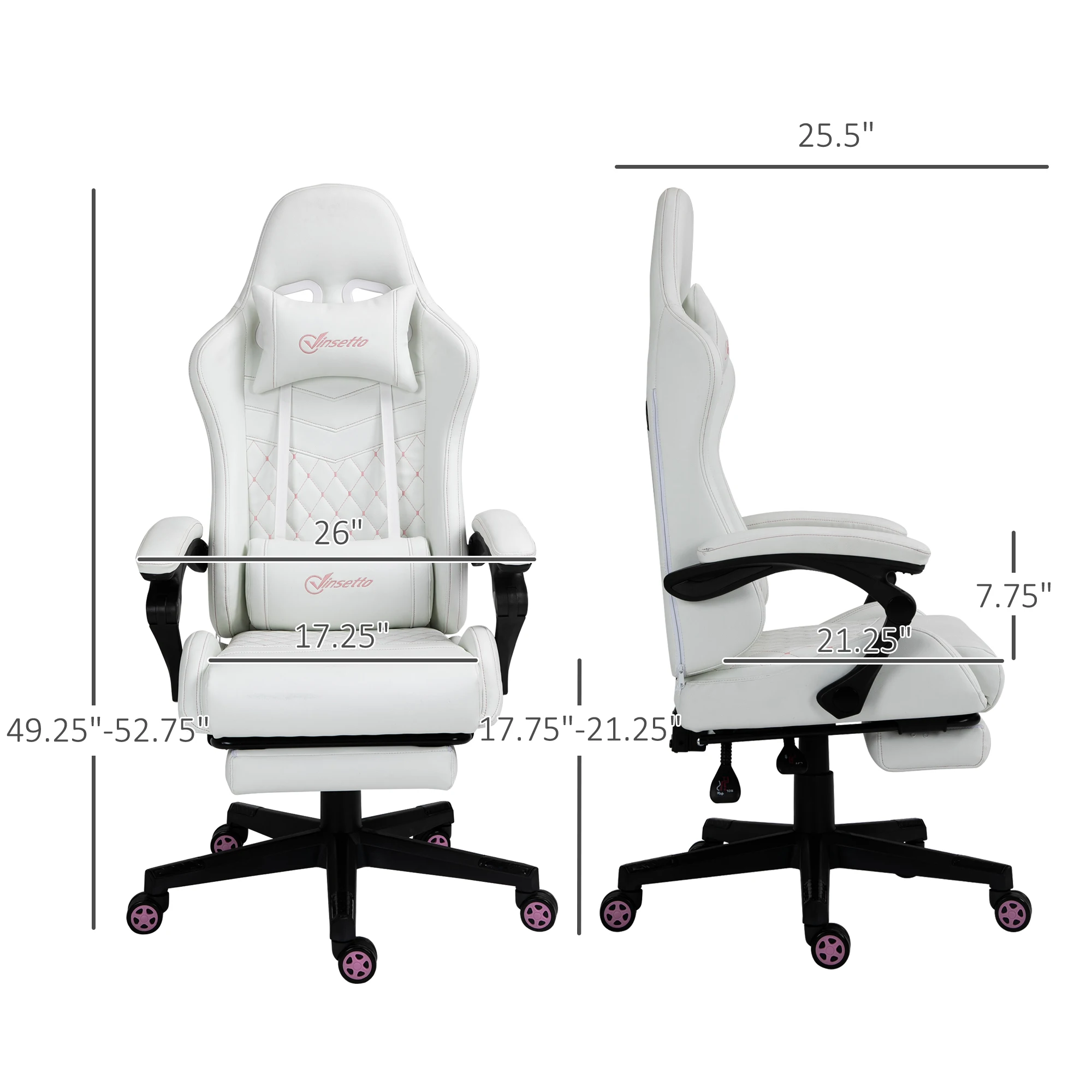 Racing Gaming Chair W/ Padded Arms, Pu Leather Gamer Recliner Home Office White 3