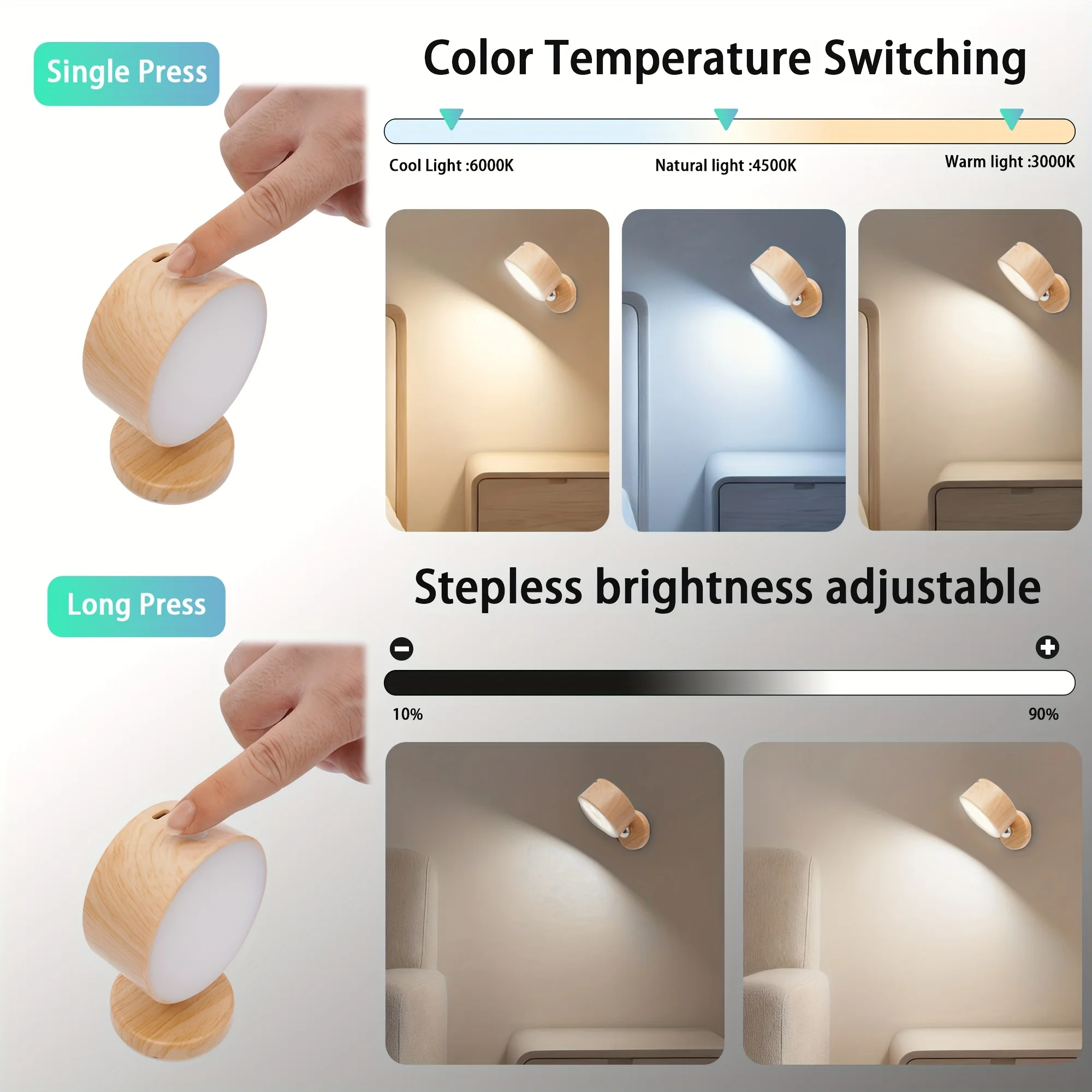 Magnetic Cordless Night Light 3 Color Temperatures & Dimmable Wall Lights 360° Rotation LED Wall Mounted Lights for Bedroom