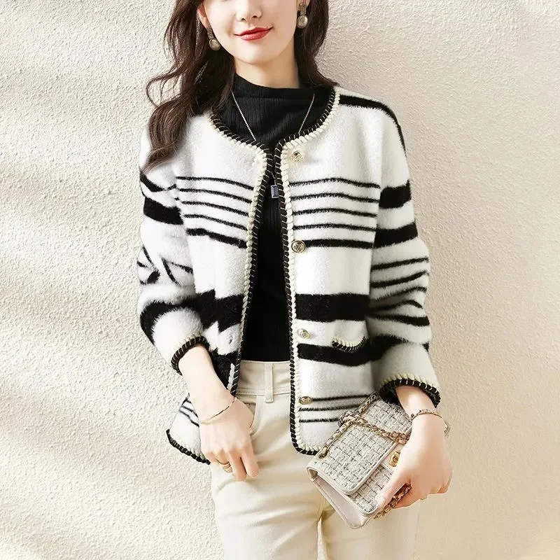 

New Autumn Winter Stripe Women's Sweater Long Sleeve Single Breasted Slim Imitation Mink Velvet Cardigan Fashion Female Jacket