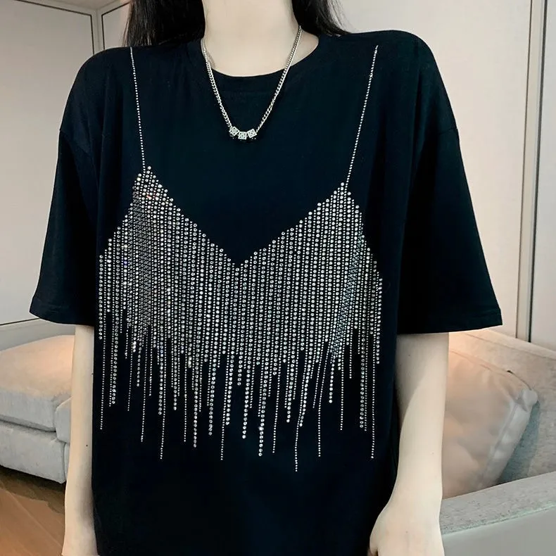 4XL Plus Size Summer Diamond Short Sleeve Loose T Shirt For Women Casual Streetwera T-shirt Lady Chic Camisole Pattern Tee Top