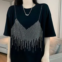 4XL Plus Size Summer Diamond Short Sleeve Loose T Shirt For Women Casual Streetwera T-shirt Lady Chic Camisole Pattern Tee Top