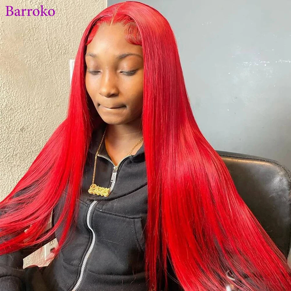 

Barroko Hot Red Colored Straight Lace Frontal Wig 34 Inch 180% Density Brazilian Remy Human Hair Transparent 13x4 13x6 Lace Wig